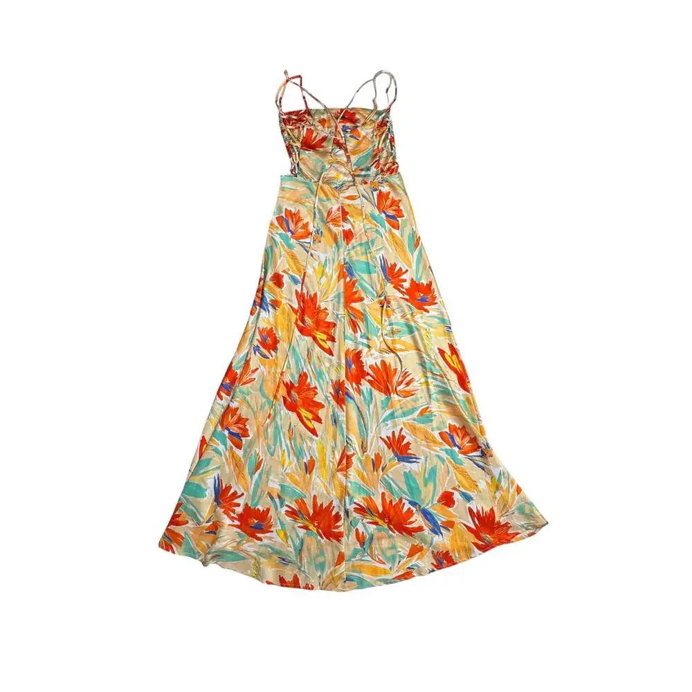 ASTR Antlia Floral Maxi Dress Orange Yellow Women's Square Neck Lace Up Summer - Picture 3 of 16